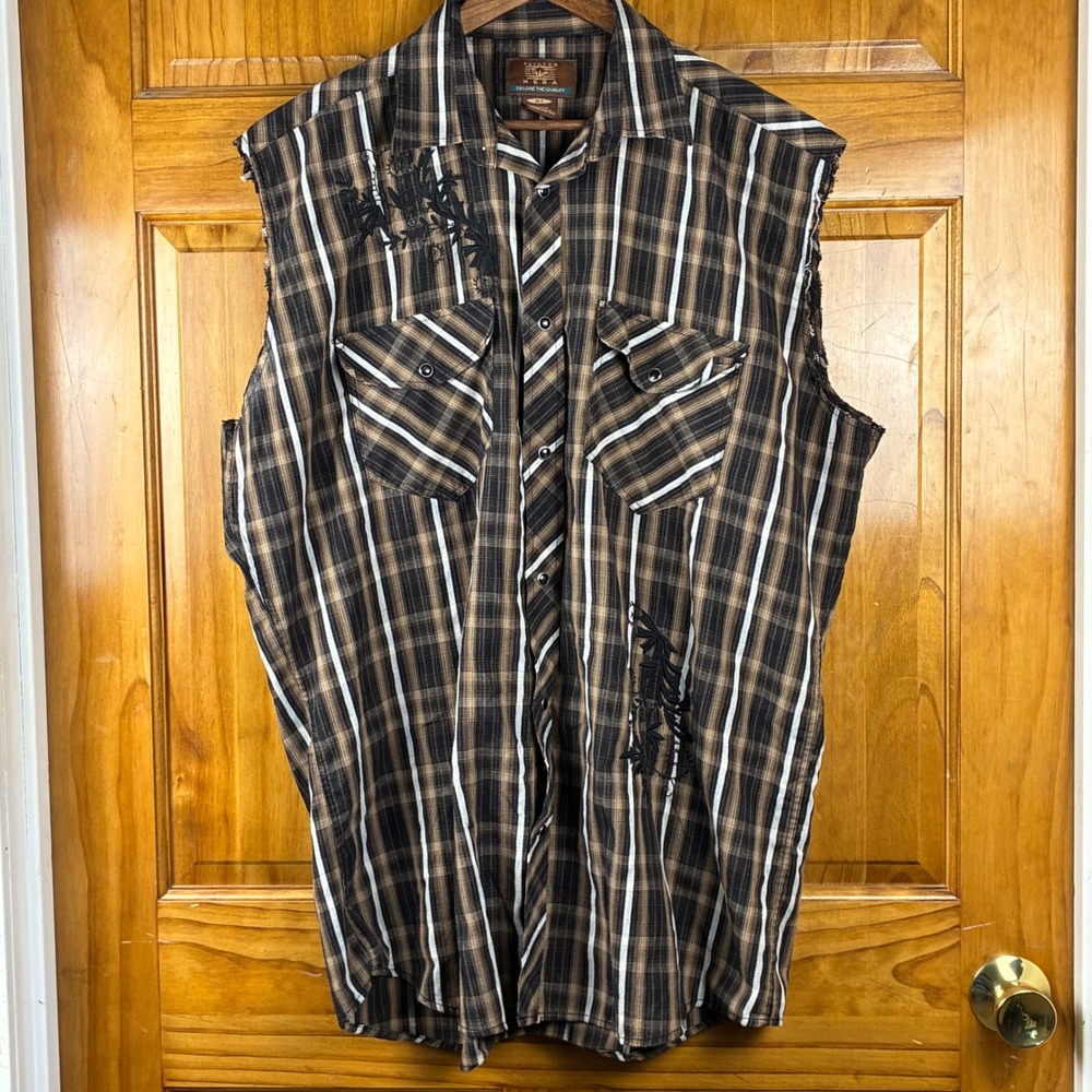 Painted Mesa Mens XLT Brown Plaid Sleeveless Cut-Off Western Shirt Snap Biker